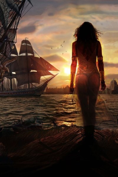 Кудрявая девушка на море закат