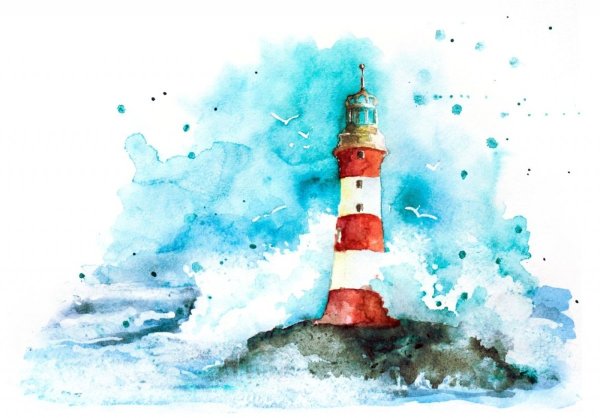Маяк шторм акварель тушь