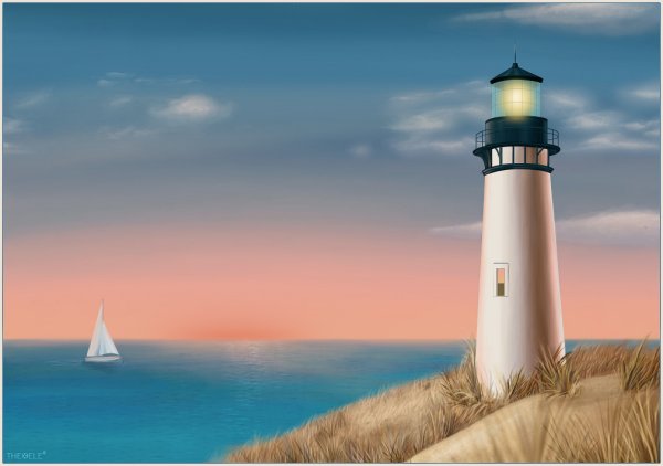 Маяк и парусник в море