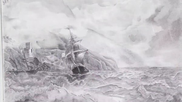 Морской пейзаж карандашом