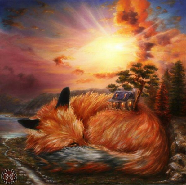 Лиса на закате арт