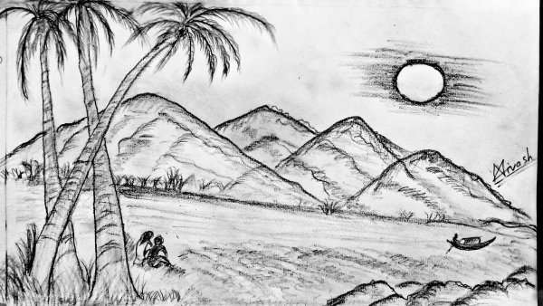 Пейзаж простым карандашом для детей