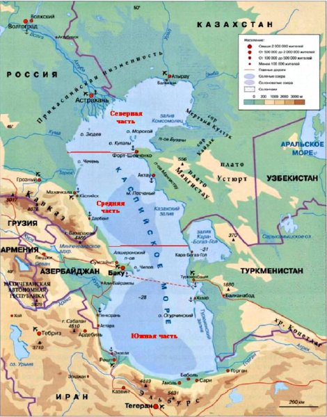 Берега Каспийского моря на карте