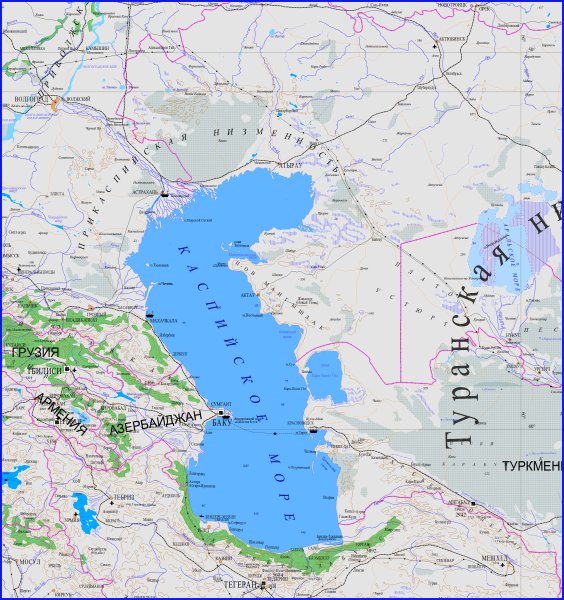 Карта Каспийского моря с городами