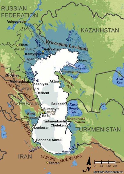 Карта Каспийского моря с городами