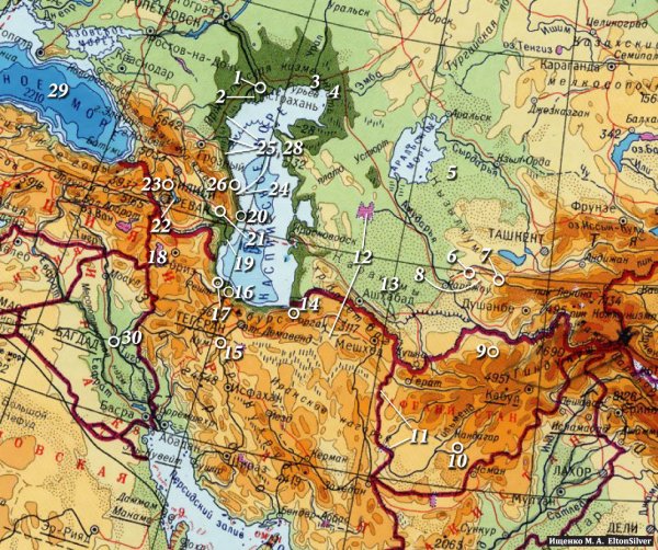 Каспийское и Аральское море на карте