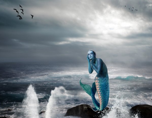 Русалка у океана на берегу