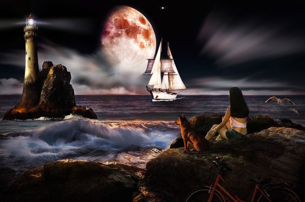 Маяк и парусник в море