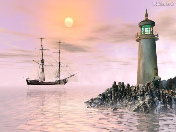 Маяк и парусник в море