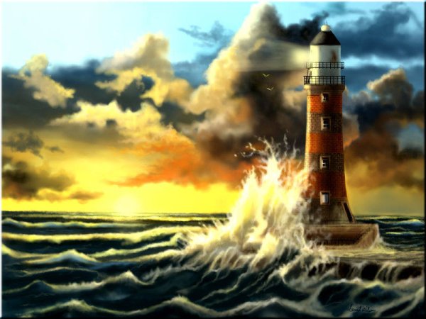 Море парусник Маяк живопись