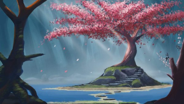 Пейзаж с цветущей сакурой