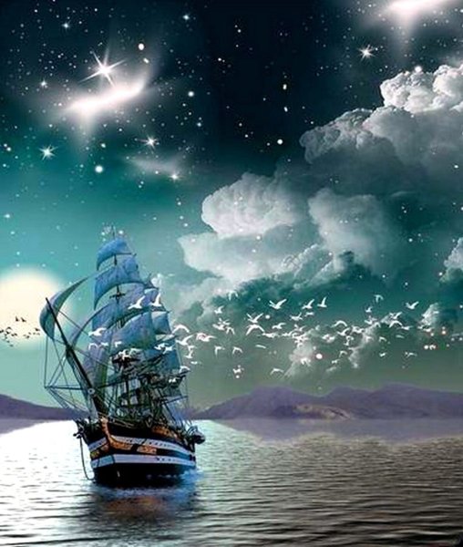 Парусный корабль ночью