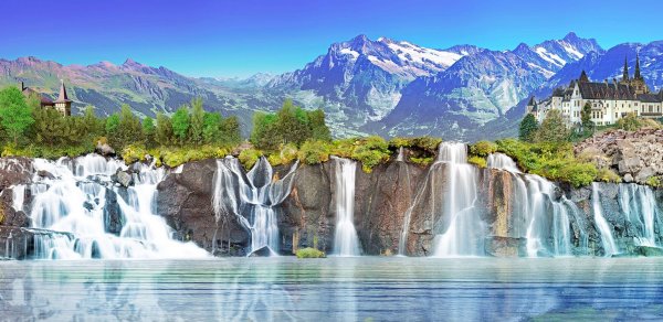 Фрески горы и водопады