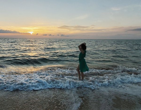 Собака бежит в море