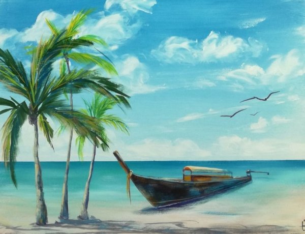 Пейзаж моря гуашью