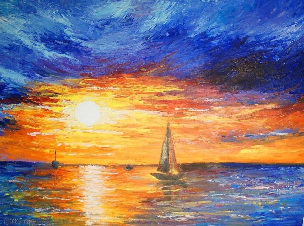 Закат на море цветными карандашами