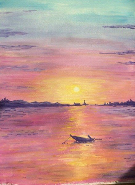 Закат на море цветными карандашами