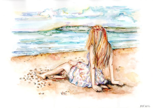 Девочка у моря акварель