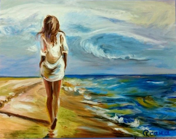 Картина девушка на берегу моря спиной