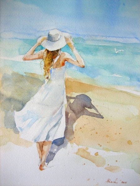 Девушка и море акварель
