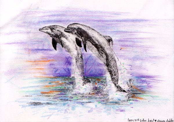 Дельфины в море карандашом