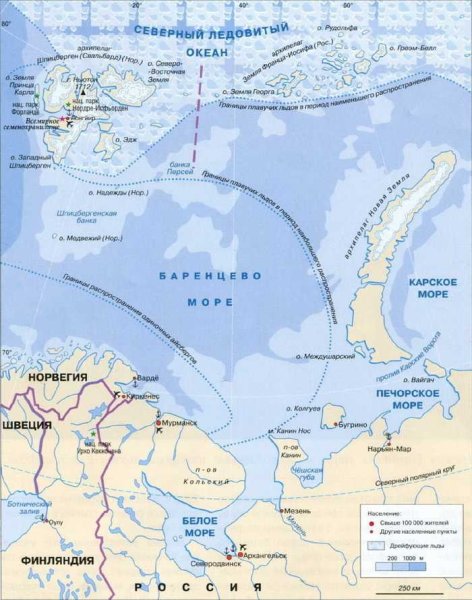 Границы Баренцева моря на карте