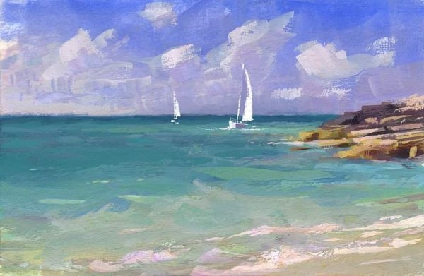 Пейзаж моря гуашью