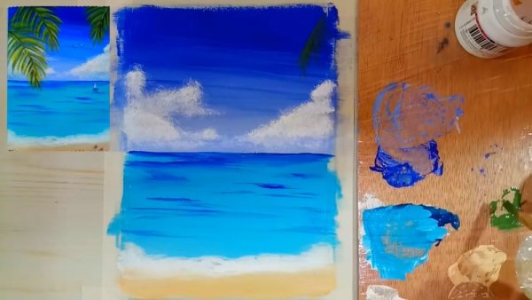 Поэтапное рисование моря красками