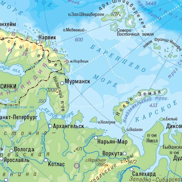 Баренцево море и Карское море на карте