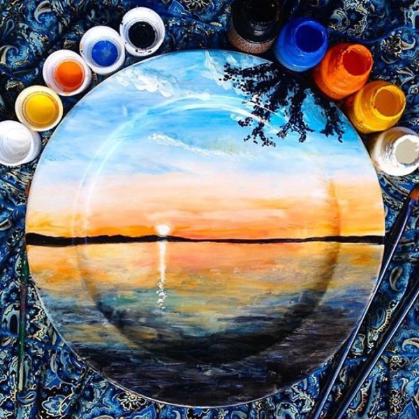 Роспись тарелок акриловыми красками пейзажи