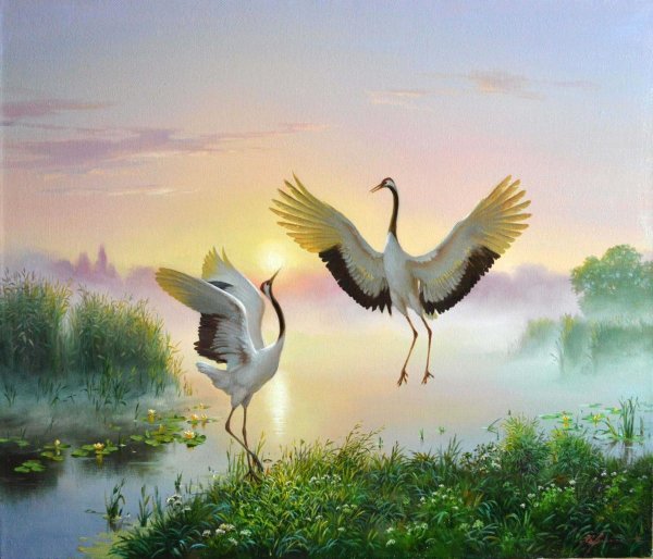 Утки над озером живопись