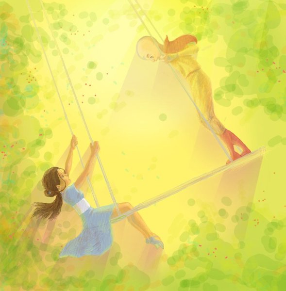 Девушка катается на качелях