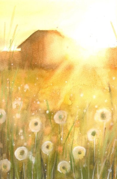 Вечерний пейзаж акварелью