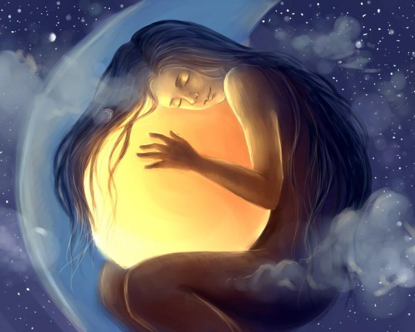 Девушка обнимает луну