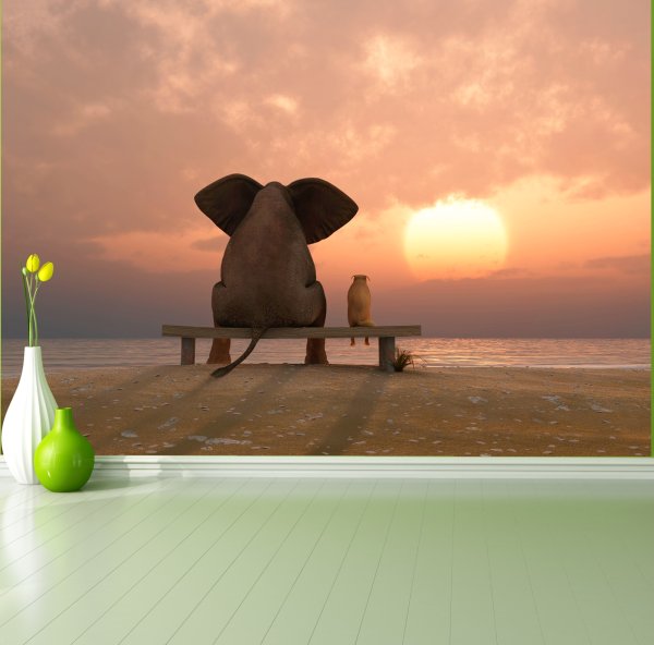 Слон и собака на скамейке