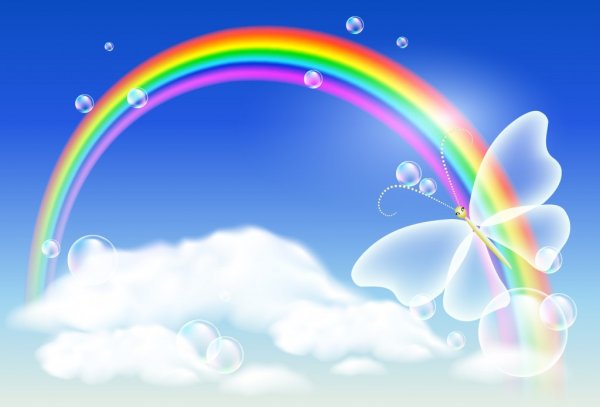 Голубое небо с радугой и бабочек