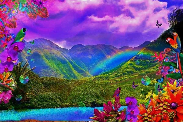 Поляна с цветами и бабочками