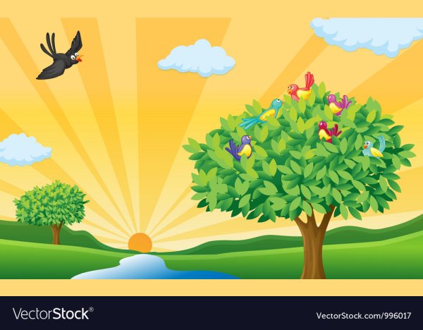 Солнце цветы деревья птицы облака