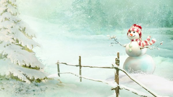 Зимний пейзаж со снеговиком