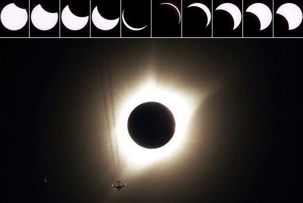 Люди наблюдают за солнечным затмением