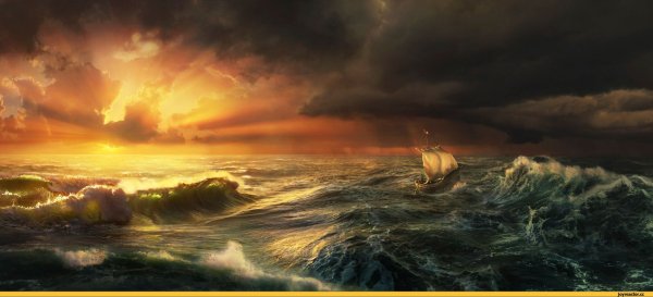 Шторм в океане на закате