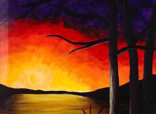 Пейзаж с закатом с тёмными простые