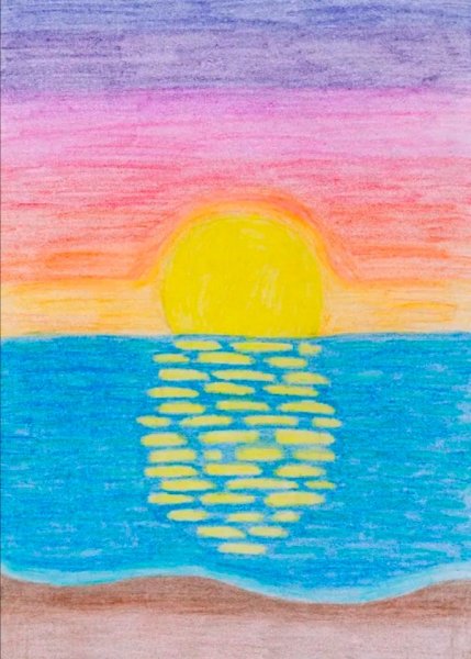 Закат на море цветными карандашами
