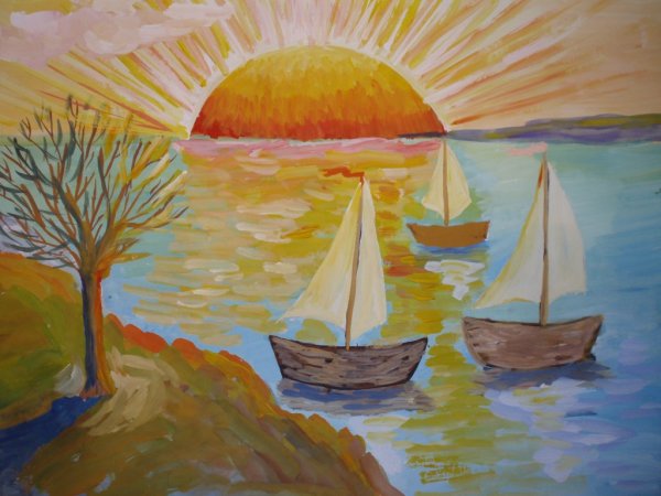 Пейзаж с пальмами и дельфинами