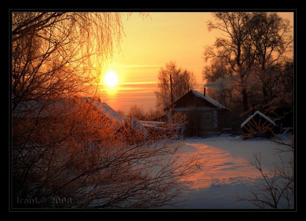 Зима закат деревня