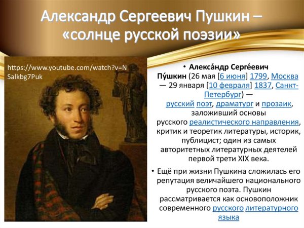 Александр Сергеевич Пушкин солнце русской поэзии