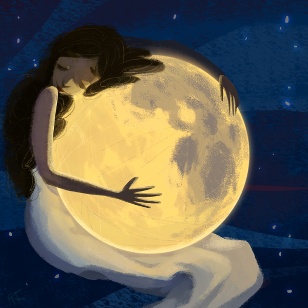 Девушка обнимает луну