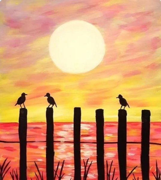 Закат на море цветными карандашами