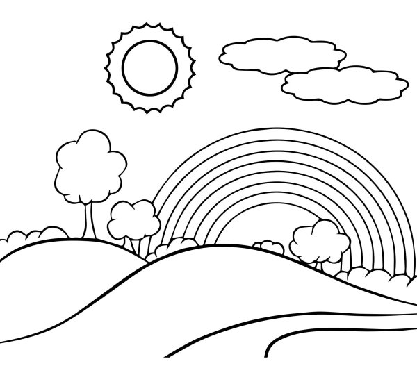 Раскраска Фантазер панорама акварелью Дети и Радуга