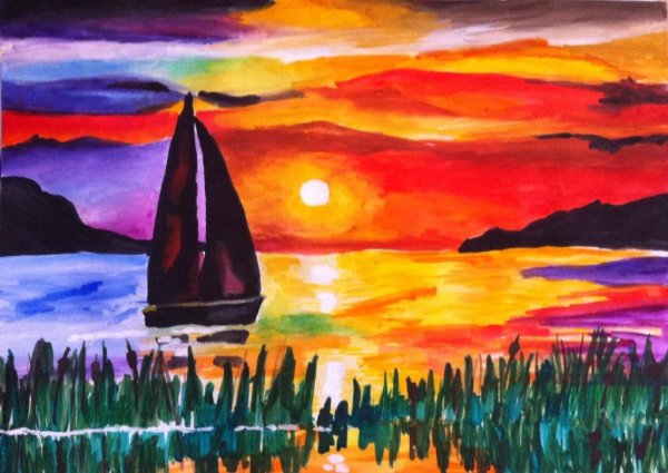 Рисунки пейзаж закат солнца карандашом